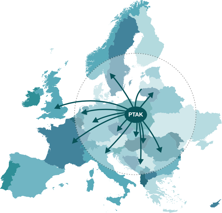 Mapa Europy z PTAK w centrum — zasięg 1000 km, 200 mln obywateli UE